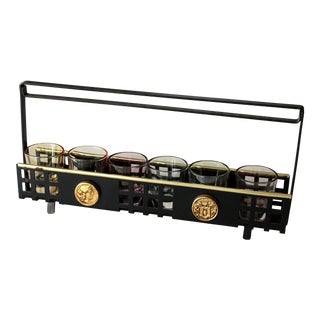 1950s Vintage - Mid Century Modern Metal Serving Tray With 6 Spirit Glasses For Sale