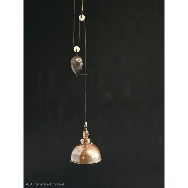 A Victorian era inspired contre-poids pendant lamp that changes the height from 35" down to 55". Brass and copper...