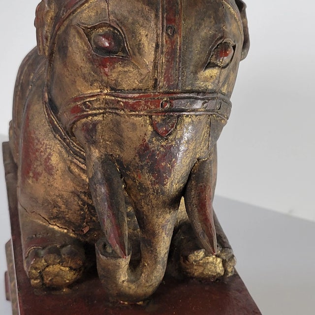 Wood Antique Wooden Chinese Young Elephant Resting on Plinth Statue For Sale - Image 7 of 11