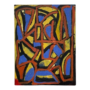 Vintage Boho Geometric Abstract Oil on Canvas Painting