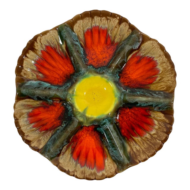 Mid 20th Century French Vallauris "Volcano" Majolica Oyster Plate For Sale