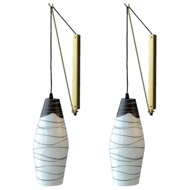 Mid-Century Czech Black & White Hand Painted Glass Wall Lights, Set of 2 For Sale