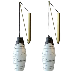 Mid-Century Czech Black & White Hand Painted Glass Wall Lights, Set of 2