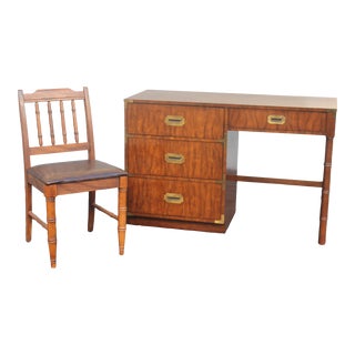 1970's Traditional Campaign Exotic Burl Amboyna/ Faux Bamboo Writing Desk With Chair For Sale