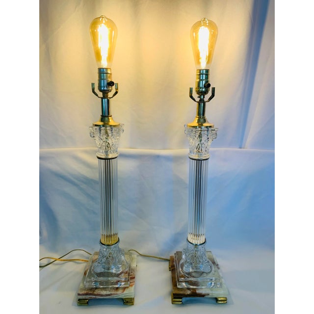 Stunning Regency Corinthian Column-Style Marble, Glass & Brass Pair of Table Lamps ~ This vintage pair of neoclassical...