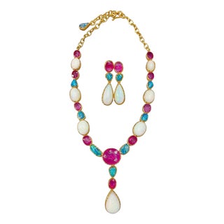 Bochic "Capri" Vintage Natural Gem Necklace & Earrings, White / Blue Opal & Ruby For Sale