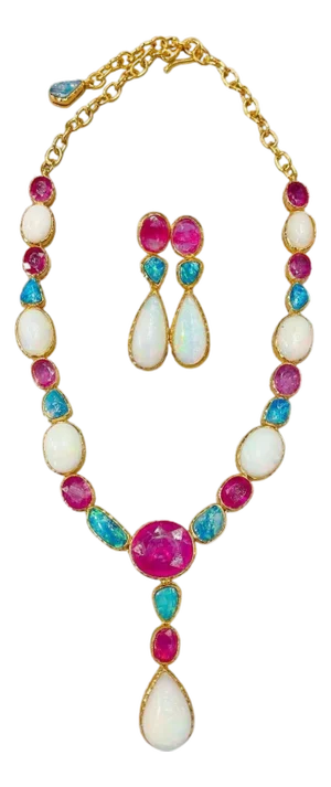 Bochic "Capri" Vintage Natural Gem Necklace & Earrings, White / Blue Opal & Ruby