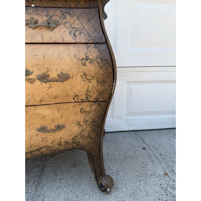 Vintage Louis XV Style Floral Painted Bombe Chest of Drawers With Black Top For Sale - Image 12 of 12