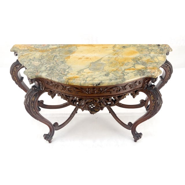Regency Revival Heavily Fine Carved Stretcher Base Marble Top Console Table MINT