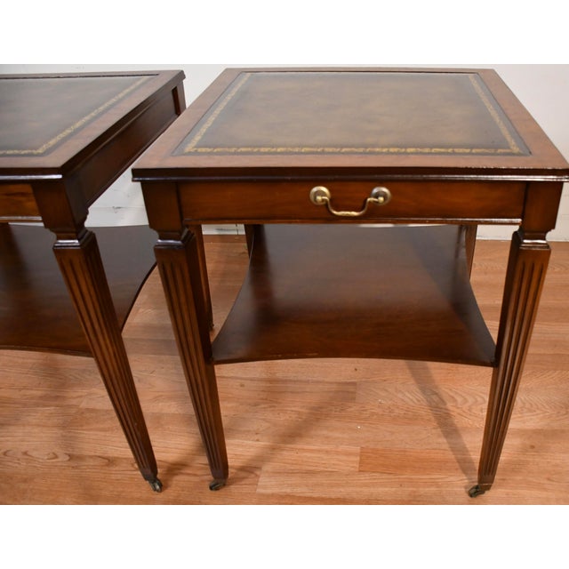 Wood 1930s Regency Style Mahogany & Leather Top Pair of Side Tables / End Tables For Sale - Image 7 of 16