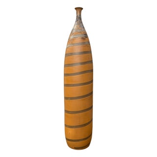 Tall Burnt Orange Ceramic Vase with Fluted Neck & Grey Swirls For Sale