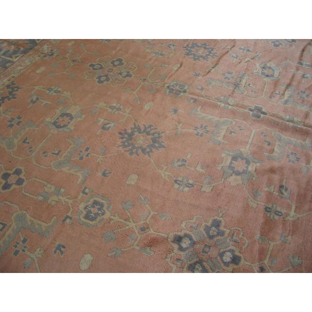 Elegant Peach Background Allover-Geometric Pattern Antique Turkish Oushak Rug For Sale In New York - Image 6 of 7