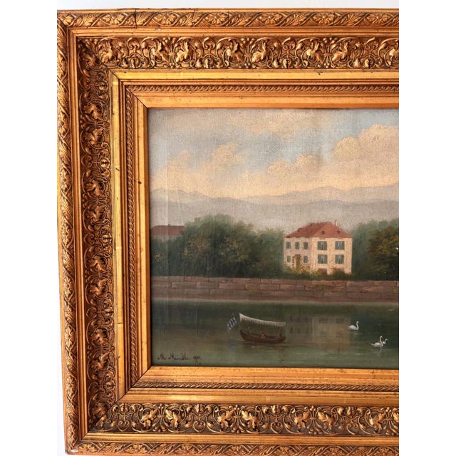 European School, Lakeside Villa with Swans, 1890s, Oil on Canvas, Framed For Sale - Image 9 of 12