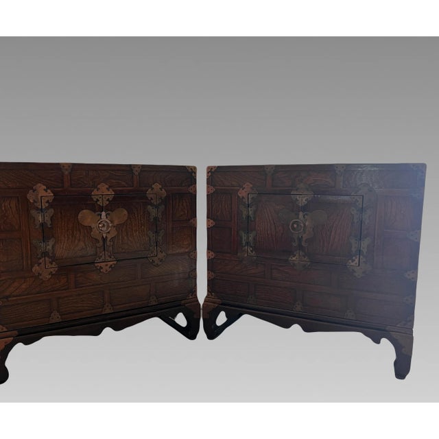 Japanese Vintage Joeson Style Kayaki Wood Korean Nightstands / Bandaji Chests With Copper & Brass Hardware, Cabinets or Side Tables - A Pair For Sale - Image 3 of 13