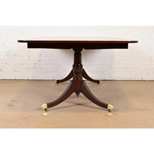 Kindel Furniture Georgian Banded Mahogany Double Pedestal Extension Dining Table, Newly Refinished For Sale - Image 12 of 14