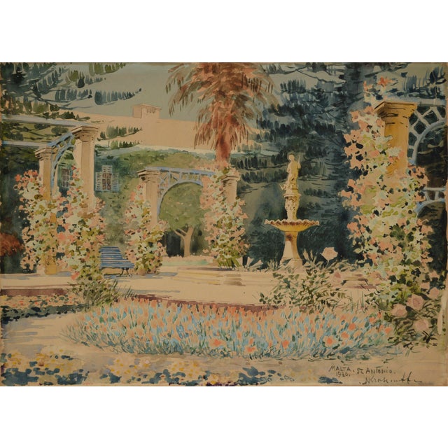 1920s "San Anton Palace Malta" Early 20th Cent. Garden and Fountain Watercolor by Nicholas Krasnoff For Sale - Image 5 of 11