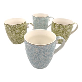Morris & Co Porcelain Mugs With Blue & Green Classical Floral Vine Motif by William Morris - Set of 4 For Sale