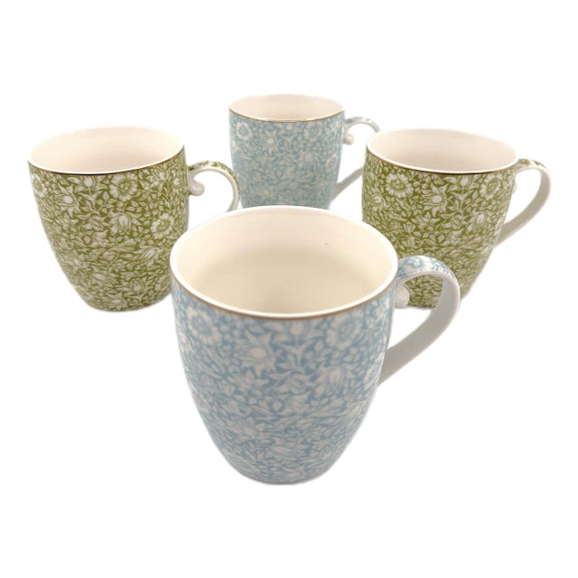 Morris & Co Porcelain Mugs With Blue & Green Classical Floral Vine Motif by William Morris - Set of 4 For Sale