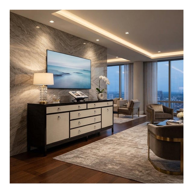 Michael Weiss for Vanguard Two-Tone Credenza — Espresso & Ivory Textured Sideboard With Chrome Ring Pulls For Sale