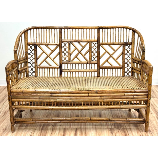 Chinoiserie Vintage Brighton Pavilion Style Chippendale Bamboo Caned Seat Bench Settee For Sale - Image 3 of 11