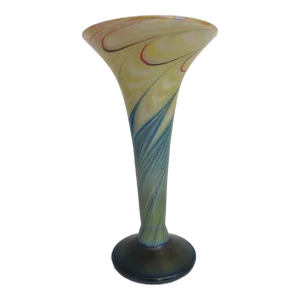 Steven Lundberg Pulled Feather Iridescent Gold Blue Studio Art Glass 6.5" Vase