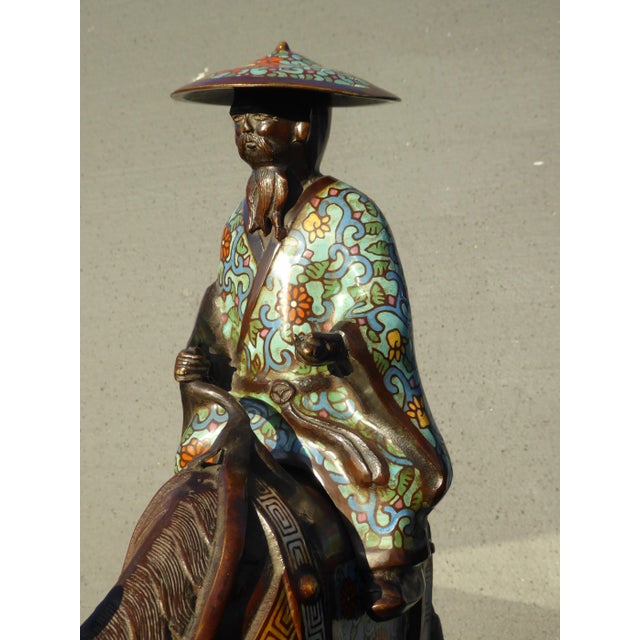 Vintage Asian Bronze Cloisonne Man on a Mule Statue Figuerine For Sale In Los Angeles - Image 6 of 12