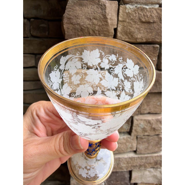 Moser Glassworks Bohemian Art Glass Wine Glasses With Cobalt Serpent Attributed to Harrach Bohemian Glass For Sale - Image 4 of 9
