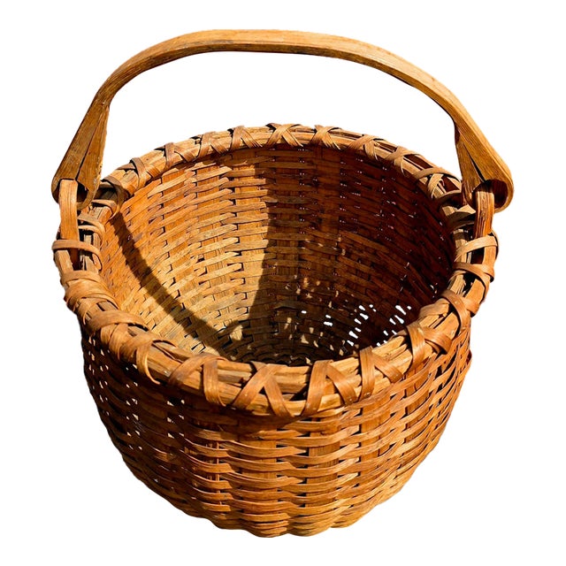 Antique Hand-Woven Wood Splint Swing-Handle Basket For Sale