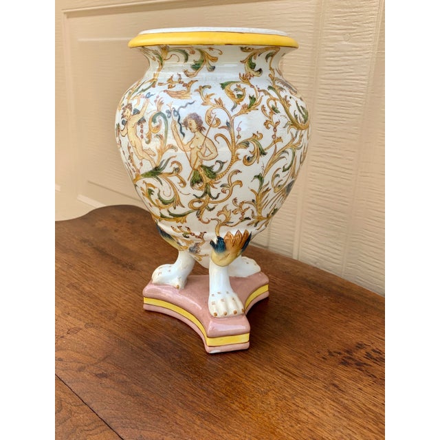 Late 20th Century Neoclassical Painted Faience Putti Vase on Paw Feet For Sale - Image 5 of 13