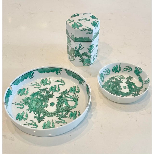 Vintage ACF green dragon Japanese porcelain Mid-20th-Century export porcelain 3 piece smoking set featuring green dragons...