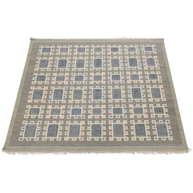 Handcrafted Modern Swedish Scandinavian Flatweave Area Rug Grey & Multi-Color For Sale - Image 9 of 11