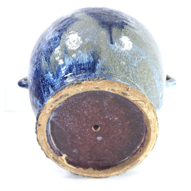 Lg. Chinese or European Cobalt Blue Reduction Glaze Ceramic W/ Jug Elephant Handles For Sale - Image 9 of 10