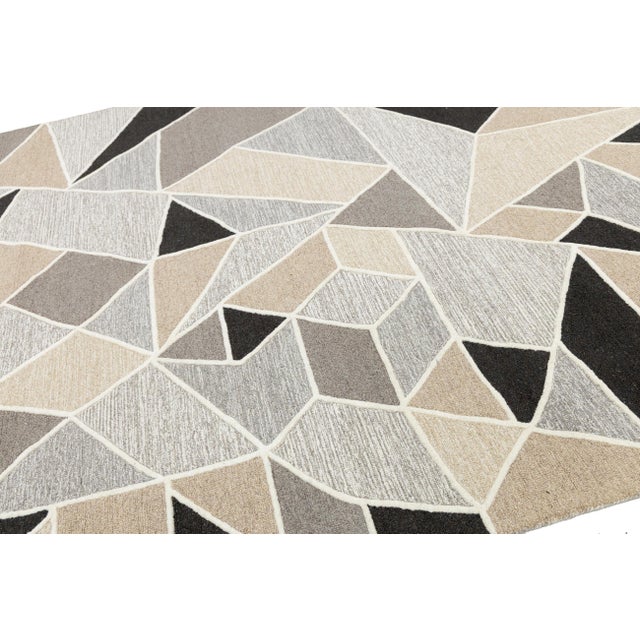 8x10 Modern Geometric Hand-Tufted Wool Rug Abstract Mosaic Neutral Area Rug For Sale In New York - Image 6 of 10