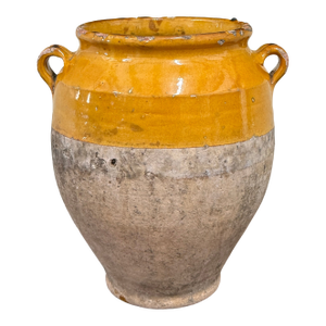 Antique French Country Confit Pot Pottery Jug Glazed Ochre Yellow Large #2