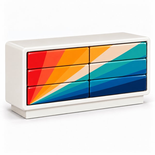 Bring a burst of color to your space with this distinctive postmodern-style dresser. Its custom finish transforms the six...