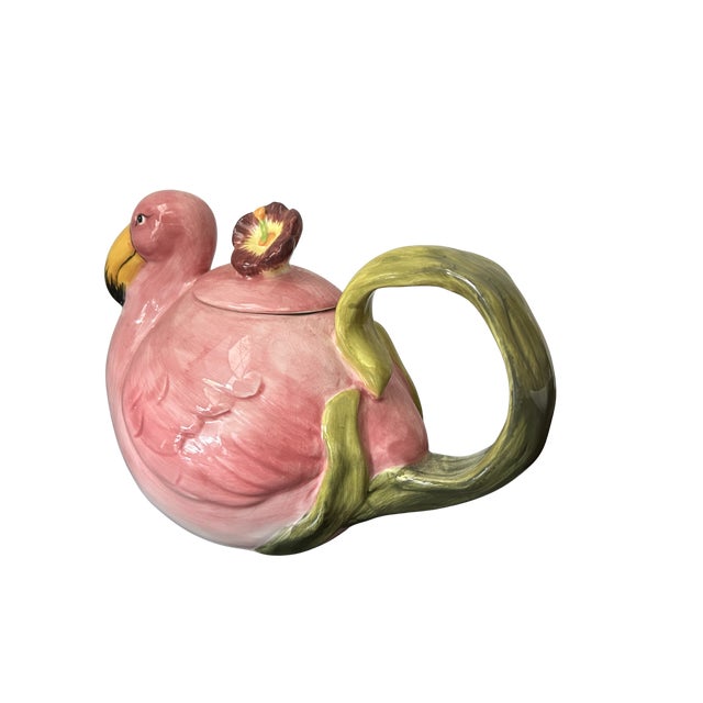 1980s Vintage 1980s Flamingo Teapot – Trompe L’Oeil Majolica-Style Hand-Painted Ceramic Pink Flamingo Tea Pot For Sale - Image 5 of 6
