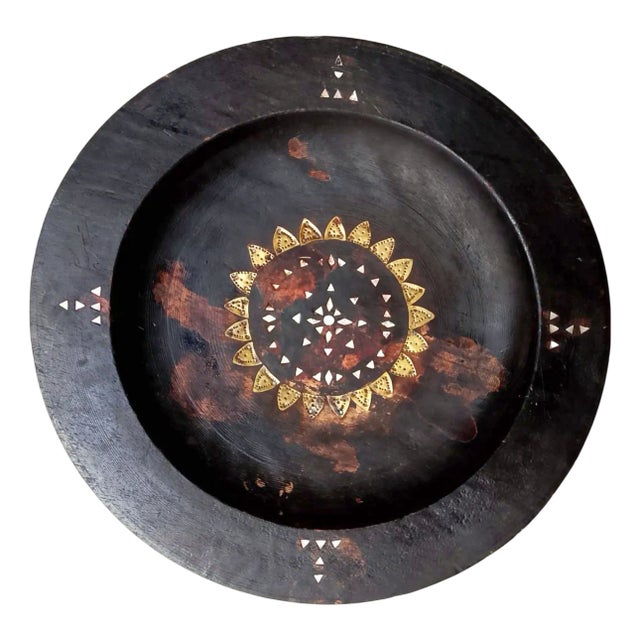 Large Vintage African Handmade Wooden Plate with Inlaid Decorations For Sale