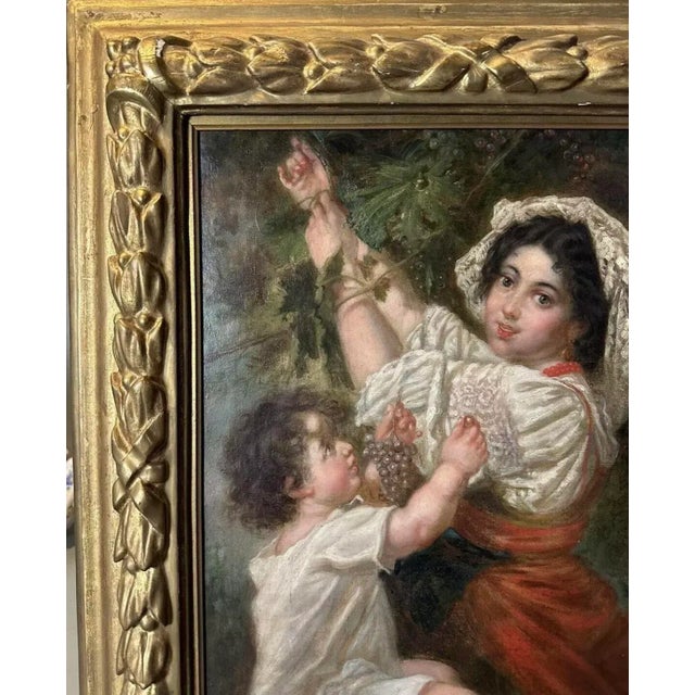 Late 19th Century Antique Victorian French Continental Gilt Framed Genre Scene Oil Painting Mother & Child Picking Grapes For Sale - Image 5 of 9