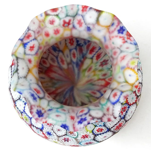 Glass Fratelli Toso Murano Vintage Millefiori Flower Mosaic Rainbow Colors Italian Art Glass Ruffle Rim Vase For Sale - Image 7 of 9
