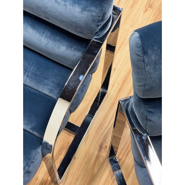 Vintage Newly Upholstered Blue Velvet Chrome Sling Chairs, a Pair For Sale - Image 17 of 18