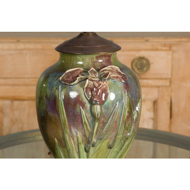 1920s Green Pottery Table Lamp with Raised Floral Motif on Wooden Base, Wired For Sale - Image 12 of 12