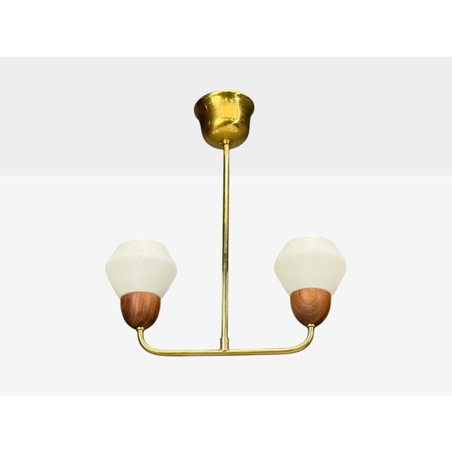 Mid-Century Modern 1960s Swedish Modern, Pendant Light, Teak, Opal Glass, Brass For Sale - Image 3 of 9
