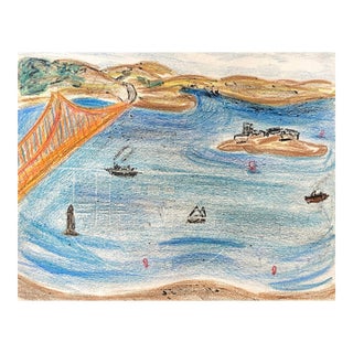 1950s San Francisco Bay With Golden Gate Bridge and Alcatraz Drawing by Virginia Spencer For Sale