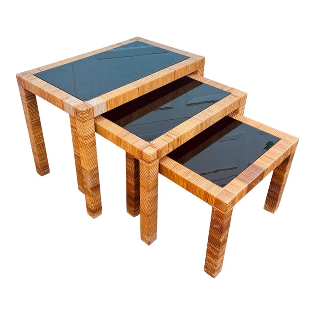 Bielecky Brothers Set of Three Rattan Nesting Tables For Sale