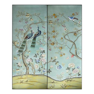 Hand Painted Soft Mint Chinoiserie Peacock Pomegranate Floral Mural 2-Panel Set For Sale