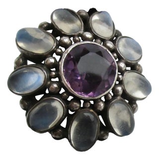 Amythest and MoonStone Floral Silver Cocktail Ring For Sale