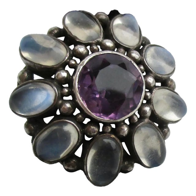 Amythest and MoonStone Floral Silver Cocktail Ring For Sale