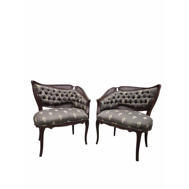Antique Victorian Rococo Revival Asymmetrical Caned Ladies’ Conversation Chairs - Pair For Sale In Chicago - Image 6 of 12