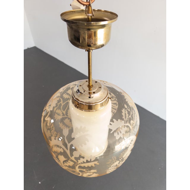 Etched Glass and Oak Pendant Lamp attributed to Arvid Böhlmark's Lampfabrik, Sweden, 1930s For Sale - Image 11 of 13