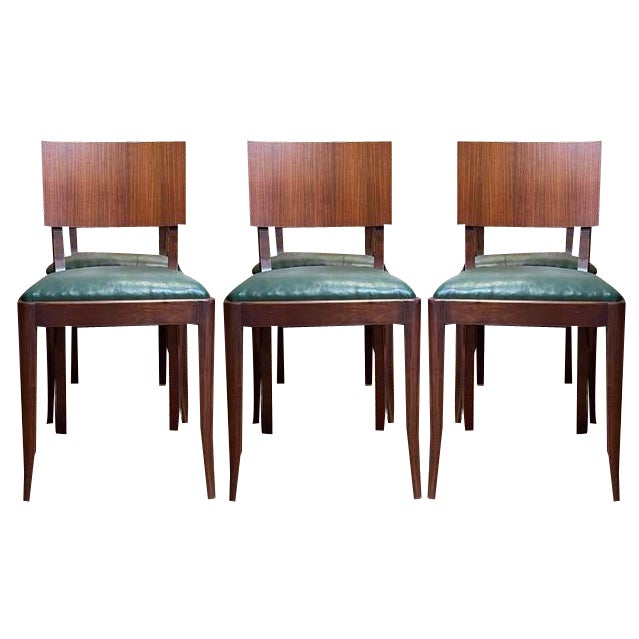 Art Deco Chairs in Mahogany and Green Skai, 1950, Set of 6 For Sale